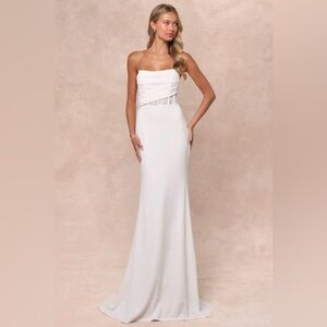 NWT Lulus Avowed Adoration White Sheer Lace Pleated Strapless Maxi Dress Large